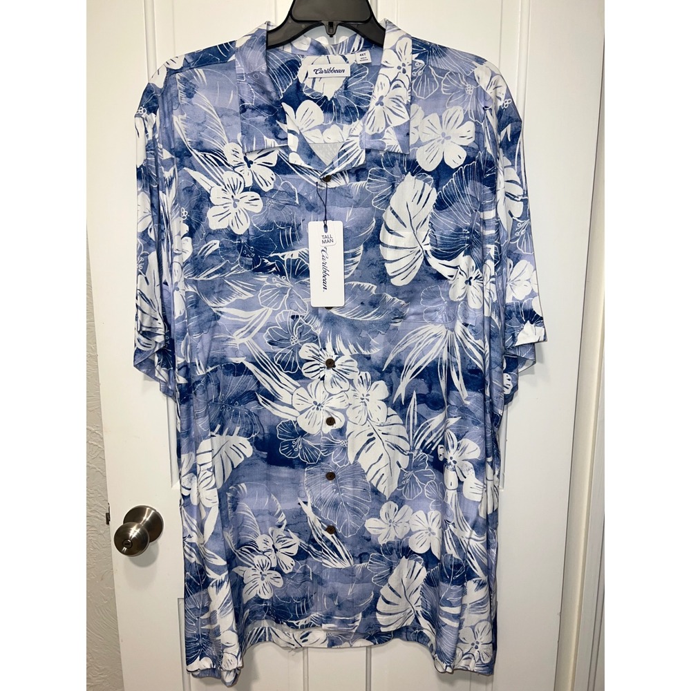 NEW Caribbean Tall Man Blue Tropical Floral Hibiscus Camp Shirt 4XT